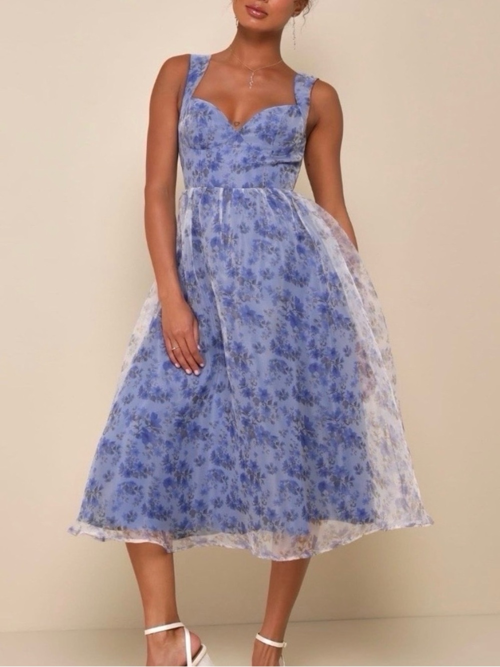 Lulu's Blue Floral Midi Dress with Sweetheart Bodice